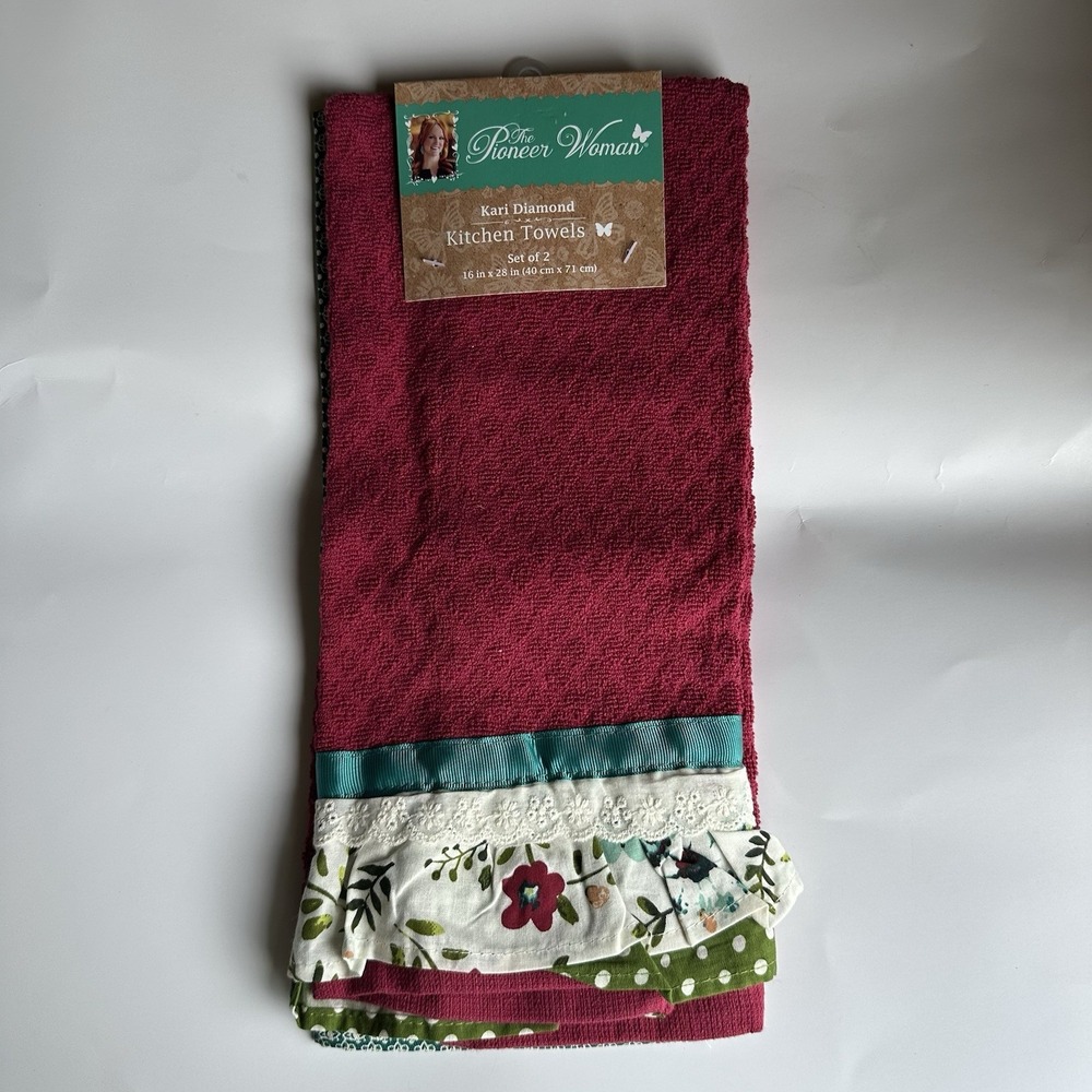 NWT The Pioneer Woman Kitchen Towels Kari Diamond Set of 2 Wine Turquoise Green